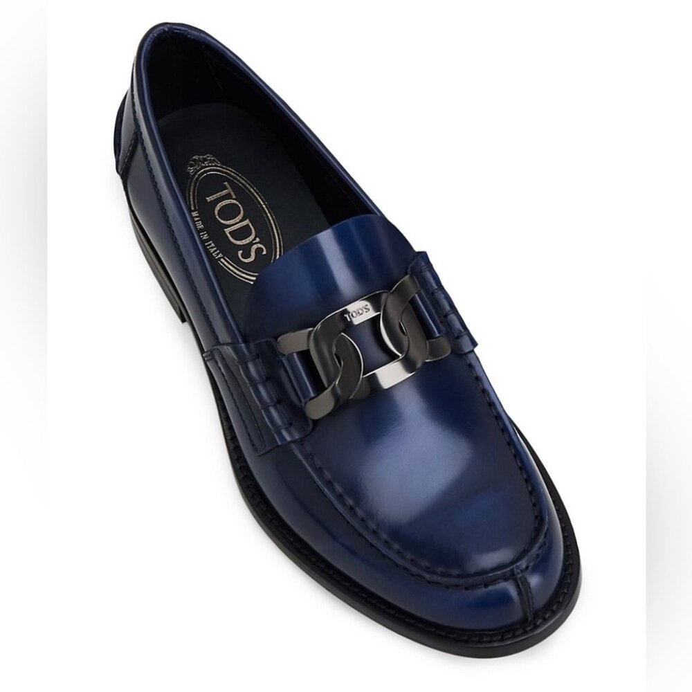 NIB Tods ‘Kate’ Chain Baltic Blue Patina Moccasin Loafers 8EU/9US $895.00 *2024*